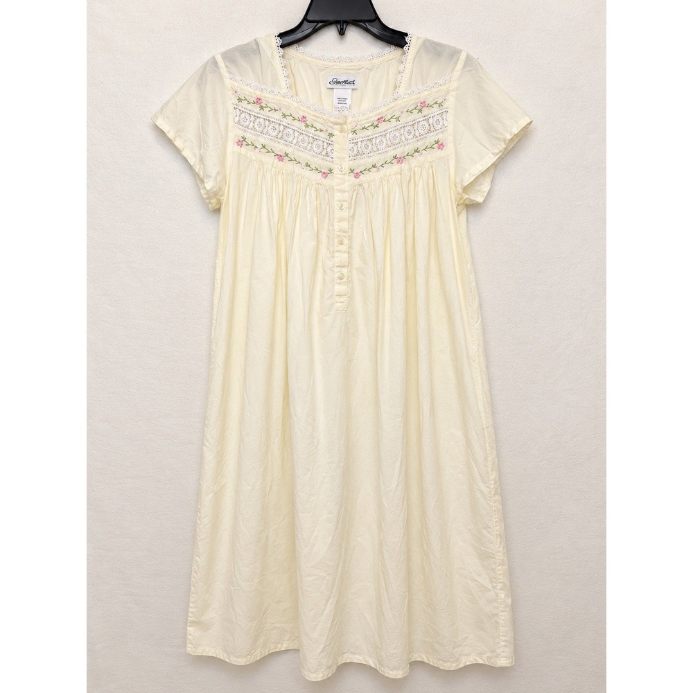 Secret Treasures Women's S Yellow Cotton Nightgown Floral Embroidered Lace